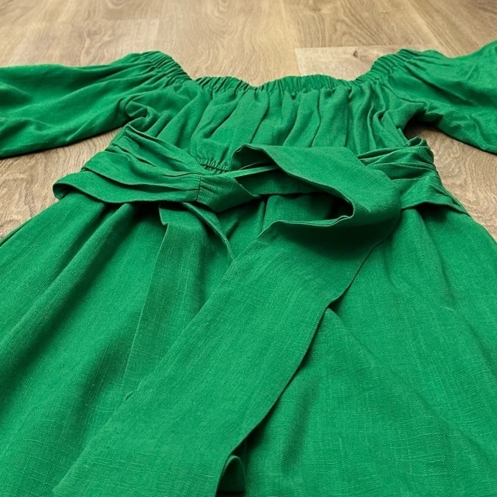VICI SkyLar Rose Kelly Green Linen Balloon Sleeve Mini Dress size XS